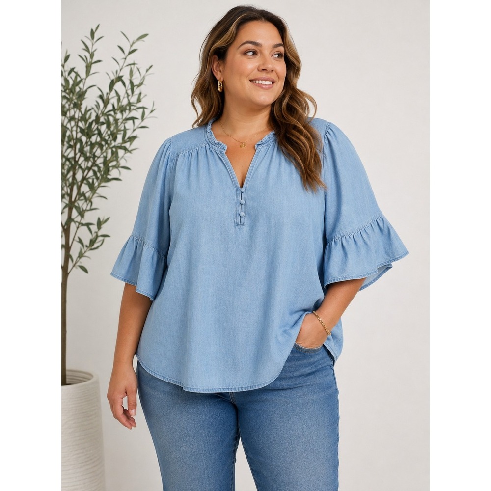 Nanette Lepore Chambray Blouse 2X Approx Light Blue Ruffle Flutter Sleeve Cotton